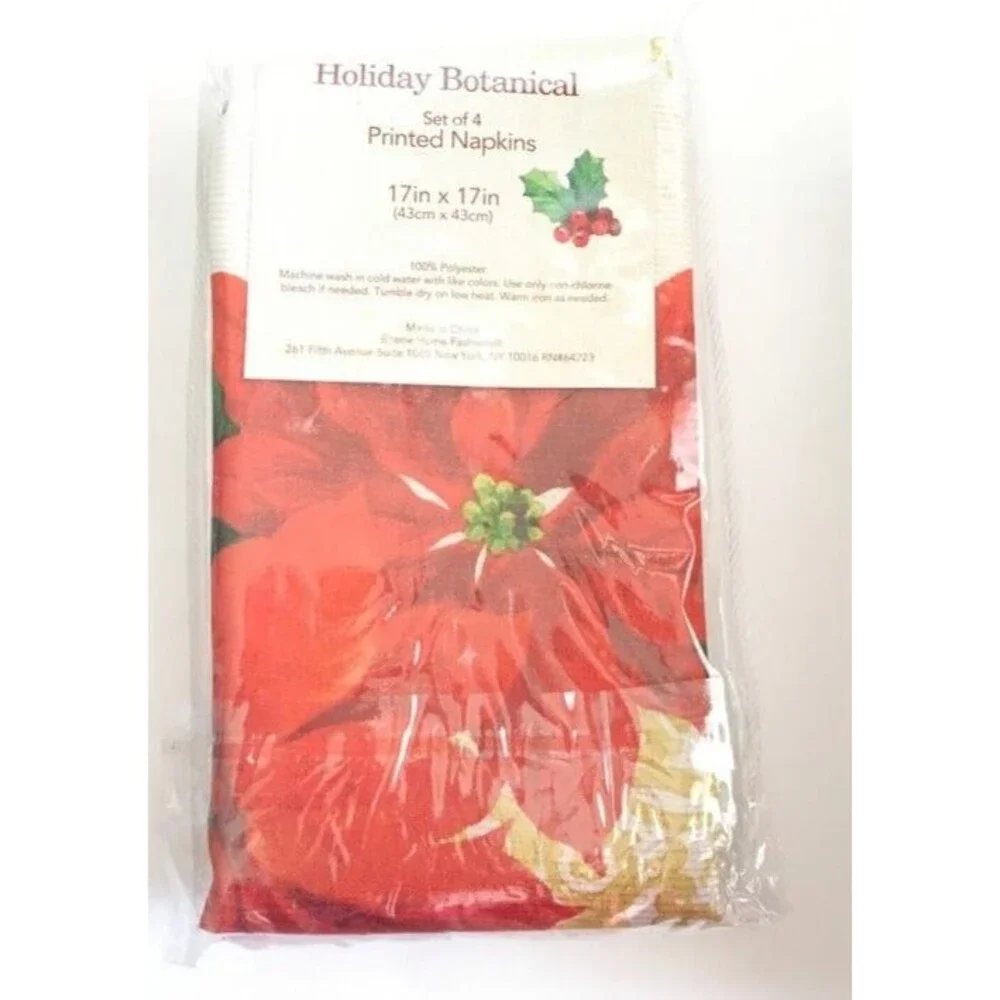 Christmas Poinsettia Fabric Napkins Holiday Botanical Red Gold Set of 4